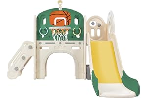 ModernLuxe Children's Combo Slide with Long Slide,Storage Box,Tunnel,Stair Ladder,Basketball Hoop,and Passage Area. Easy Assembly and Convenient Storage Made from HDPE Materials Green