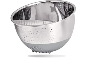 REISHUNGER Reis Waschschüssel und Gemüsesieb aus Edelstahl (grau) - Sieb zum Waschen von Reis und Gemüse - Mit rutschfestem Silikonfuß
