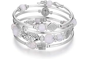 BULINLIN Beaded Silver Bangle Wrap Bracelet for Her, Layered Bohemian Bracelets with Natural Stone, Jewellery Gifts for Women Ladies
