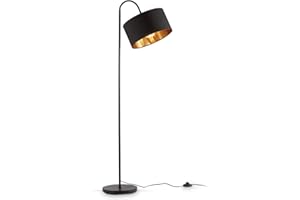 B.K.Licht lampadaire rétro pivotant I abat-jour en tissu noir et doré I pour une ampoule E27 I 30 cm I câble de 140 cm avec interrupteur à pied I livré sans ampoule