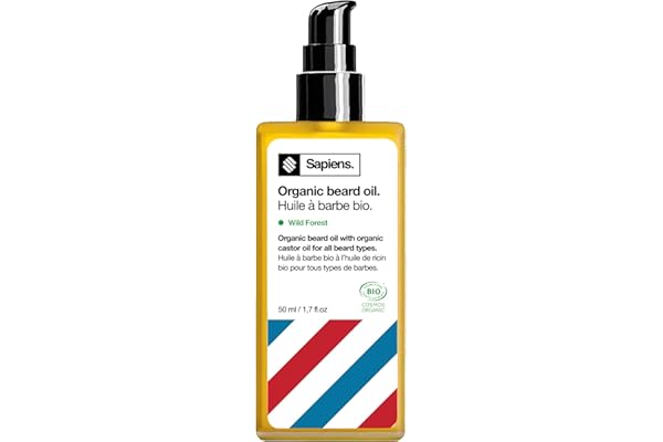 Sapiens Huile Barbe Homme 50 ml - Fabriquée en France et Certifiée Bio - Huile de Ricin Barbe - Adoucit la Barbe, Hydrate et Favorise la Pousse - Soin Barbe Homme