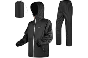 LAMA Rain Suit for Men Women, Waterproof Rain Jacket and Rain Trousers Suit Set, Heavyweight Rainwear with Hood and Storage Pouch, Wind-resistant, Lightweight, Breathable Rain Coat Black