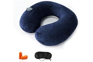 Kzouenzu Cuscino Cervicale Da Viaggio, Cuscino Gonfiabile Da Viaggio Collo, Supporto Per La Testa, Inclusa Maschera Per Dormir, Tappi Auricolari, Borsa Per Trasporto [Blu Navy]