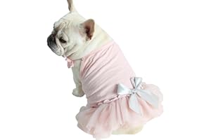 Moorfowl French Bulldog Princess Pink Tutu Dress Summer Vest Gauze Skirt for Pug Corgi Doggie Party Tulle Dress with Bowknot Fashion Outfits (L(Back 13.38"-14.17",Chest 22.83"-25.19"))