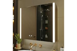 ‎KWW KWW LED Beleuchtetes Badezimmer Medizin Kabinett mit Spiegel, Farbtemperatur Einstellbar, Anti-Nebel Dimmbare Lichter, Steckdosen für USBs (80 x 70 cm)