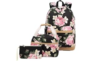 BANSUSU 3 in 1 Flower Prints Backpack and Lunch Bag Set for Girls Womens Casual Daypack Rucksack with USB Charger