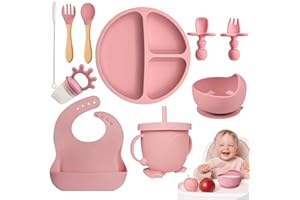 NTL Global Baby Weaning Set (10 Pcs), Silicone Baby Feeding Set with Adjustable Bib & Divided Fruit Plate, Fruit Feeder, Sippy Cup, Suction Cup, Spoons & Forks, Straw Cleaner for 6+ Months - Pink
