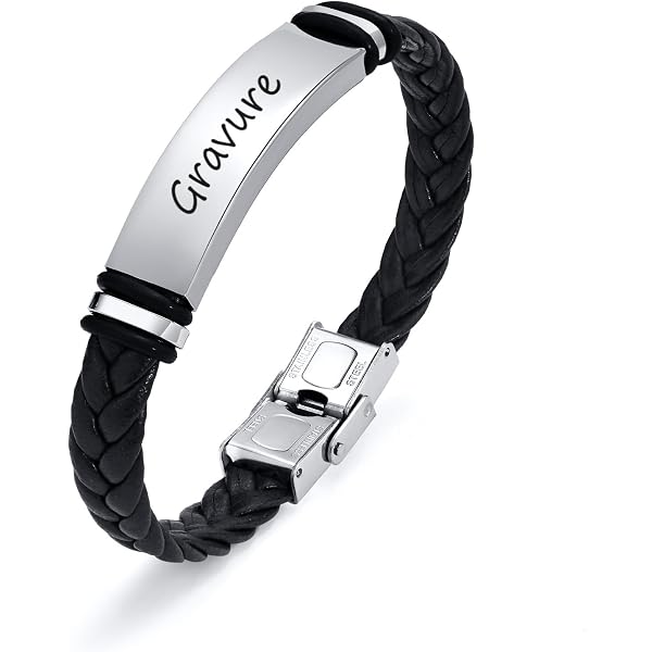 Bracelet Personnalisé Homme KDO MAGIC - Acier Noir Gravé, Gourmette Idéale Fête Des Pères Et Anniversaire