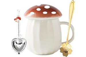 YALUCKY Kawaii Mignon Tasse à Café de Champignon Mug Céramique Tasse à Thé Avec Couvercle et Cuillèr-Idée Cade au Femme d'Anniversaire Ou de Noël Cade au Fete de s Grand Mere,Meres Cade au Meilleure Amie
