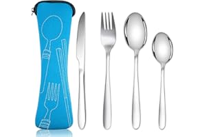 Acehome Cutlery Set with Portable Pouch Case, Stainless Steel Flatware Camping Utensil Set with Neoprene Bag for Outdoor Travel Picnic Office School Lunch Box (Sky Blue)