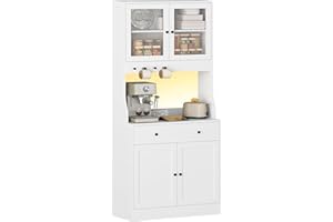 ‎KIMENICH KIMENICH Küchenschrank mit Arbeitsfläche, Buffetschrank mit Schublade, Sideboard mit LED, Steckdose, Glasschranktür, Verstellbare Ablagen, Küche, Wohnzimmer, Esszimmer, Weiß