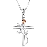 BlingGem Collane per Donna Croce Argento Placcato Oro Bianco Rosa Zirconia Cubica Croce Religiosa Rosa Fiore Pendente Catena 