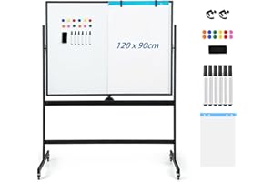 ‎GOPLUS GOPLUS Whiteboard magnetisch mit Ständer, doppelseitiges White board mit Zubehör Set, Trocken abwischbar, mobiles Whiteboard höhenverstellbar, für Schule, Büro, Zuhause (120 x 90cm, Schwarz)