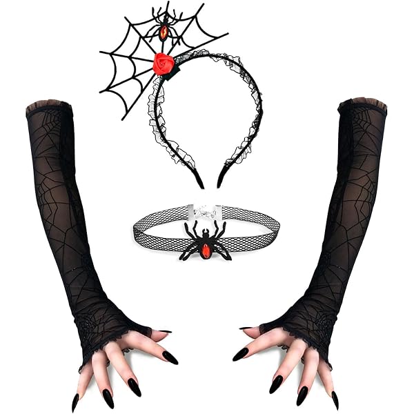 Halloween-Spinnen-Set Für Damen: Haarreif Mit Halskette & Handschuhe – Gruseliges 3-teiliges Punk-Kostüm Für Partys