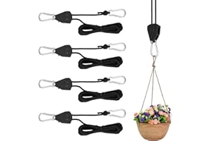 VMUTGA 4 Stück Ratchet Hanger, Einstellbare Seil Seilhaken Ratsche Seilratsche 2M, Duty Heavy Rope Seilratsche mit Haken, Tragkraft 68kg, für Pflanzen, Ventilator, Licht, Zimmerpflanzen(Schwarz)