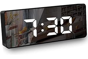 JJN Creative LED Digital Mirror Alarm, Digital Clock with Temperature Display, Snooze, Battery Powered and USB Charging for Bedroom, Bedside, office& Travel, Black