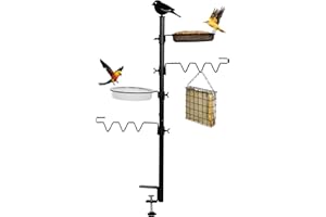 HRAYLTOP Die hängend Vogelfutterspender und Vogeltränke - mit Höhe 92cm 2-in-1 Metall Balkonhalterung，Komplettset inkl Vogeltränke und Futterteller für Mehlwürmer Körner Erdnüsse, Vogelbad [Schwarz]