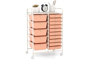 GIANTEX Chariot de salle de bain empilable avec 15 tiroirs - Avec roulettes verrouillables - Pour cuisine, salle de bain, bureau - 63 x 37 x 87 cm - Orange clair