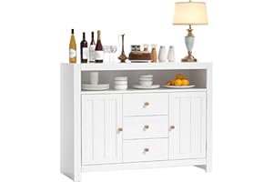 VOWNER Credenza Cucina, Mobile Buffet, Mobile Dispensa, Mobile Cucina Dispensa, 2 Ante e Vani Aperti, Armadietti in Legno, 35W x 100L x 82H cm, per Microonde e Macchina, Bianco