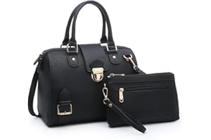 Dasein Women Barrel Handbags Purses Fashion Satchel Bags Top Handle Shoulder Bags Vegan Leather Work Bag, Buffalo Black + Matching Clutch, M