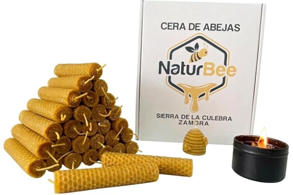 Velas de Miel de Abeja.Natural 100% Velas de Cera de Abeja. Pura (Pack de 30 Velas,11,5 cm x 1 cm) SIN PARAFINA 100% artesanal,Origen ESPAÑA en la Sierra de La Culebra y Sanabria (Zamora)
