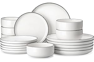 MALACASA Geschirrset 6 Personen, LUNA 18-tlg. Tafelservice aus weißem Porzellan mit schwarzem Rand, modernes Geschirrset mit je 6 Speisetellern, Desserttellern und Müslischalen