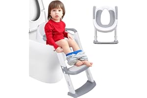 DEANIC Potty Training Toilet Seat, Foldable Toddler Toilet Seat and Step for Aged 1-7 Years, Kids Toilet Seat Adjustable Height 38.5-47cm, PU Cushion (Grey)