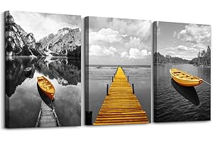 hyidecorart Cuadros Decoracion Salon Modernos, 3 Piezas Nórdico Montañas Y Lago Panorama Gris Amarillo Barco Arte Impresión Decoración Dormitorios Comedor Oficina Pasillo Cocina Y Baño