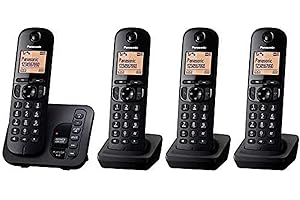 Panasonic KX-TGC224EB DECT Cordless Phone with Answering Machine, 1.6 inch Easy-to-Read Backlit Display, Nuisance Call Blocker, Hands-Free Speakerphone, ECO Mode - Black, Quad Handset Pack