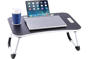 CROWNSHOP Laptop Table, 60 X 40 X 28cm Bed Table, Bed Desk Stand With Foldable Legs & Cup Slot Notebook Stand Computer Laptop Bed Table Laptops Tray For Sofa Bed, Pink (Black Brushed)