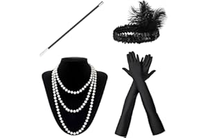Miss Good 1920s Flapper Great Gatsby Accessories Set, Roaring 20's Theme for Women with Headband Headpiece Pearl Necklace Handheld Prop Black Gloves Fancy Dress Retro Carnival Festival Christmas