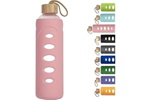 Ferexer 1 l / 1 l / 1000 ml sportowa butelka na wodę ze szkła borokrzemowego z ochronnym silikonowym rękawem i pokrywką bambusową (różowa)