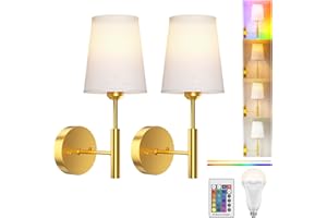 LUCKEA Battery Operated Wall Lights, Rechargeable Wireless Wall Sconce Set of 2 with Remote Control, 3 Color Temperatures & RGB Dimmable, 5000mAh E27 Bulb, Wall Lights for Living Room, Bedroom, Hallway