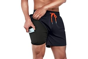ineepor Badehose Herren mit Kompression Badehose mit innenhose Board Shorts 2 in 1 Reißverschlusstasche kurz Badehose,XXS-5XL