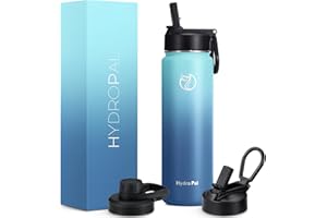 HydroPal Edelstahl Trinkflasche - 750ml, 1L, 1,2L, BPA-Frei, Kohlensäure geeignet, Isolierte Thermosflasche mit Strohhalm & 2 Deckel, Auslaufsichere Isolierflasche für Kinder, Sport, Fitness