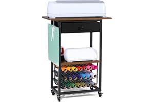 SMONTER Organization and Storage Craft Cart Compatible with Cricut Machines, Crafting Table Workstation with Wheels, Rolling Craft Organizer with 21 Vinyl Roll Holders and Drawer, Black