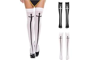 EHIOG Nun Costume Stockings, Cosplay Gothic Socks Halloween Stockings, Knee Socks Thigh High Printed Cross Sword, for Halloween Women Fancy Dress Up, Carnival Masquerade Party Cosplay-White