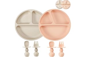 PandaEar Lot de 2 Assiettes à Ventouse en Silicone avec Compartiments, 2 Cuillères et 2 Fourchettes pour Bébés et Tout-Petits | Ensemble d'Alimentation pour Bébés en Silicone sans BPA - Rose & Lin