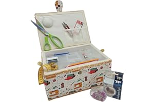 JYC CREATIVE Large Wooden Sewing Box with Accessories, Fabric Lined Sewing Box with 8 Compartments, Organiser with Needle Holder, Box with Handle, Accessory Tray (Large, Machine)