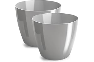PECZEKO Macetas Brillantes Macetas Decorativas Hierbas Macetas Redondas de plástico duraderas y Ligeras para salón, Comedor, Cocina, terraza, balcón Juego de 2 Piezas (Gris, diámetro 23 cm)