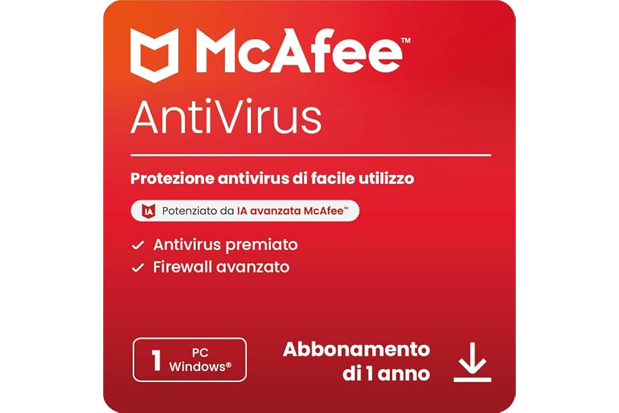 McAfee Antivirus 2025 12 mesi Protezione in tempo reale del PC dalle minacce nuove e in continua evoluzione Download digitale