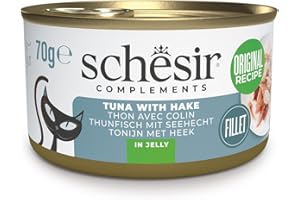 Schesir, Filetes de Atún con Merluza en Gelatina, Comida Húmeda Complementaria para Gatos, en Latas, Receta Original, 100% Natural, 12 x 70g