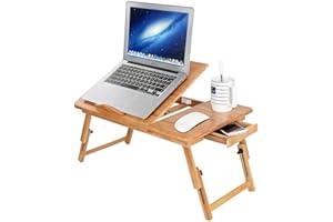 QCHOMEE Table de Lit Pliable pour Ordinateur Réglable Support pour Ordinateur Portable avec Tiroir Bureau PC en Bambou Plateau de Petit-déjeuner au Lit Inclinable pour Tablette Notebook Camping Parc