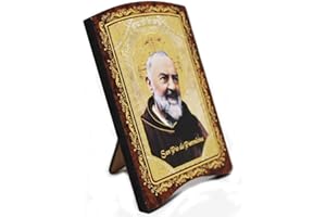 KUSTOM ART Cucuba Tableau Père Pio avec Pupitre imprimé sur bois avec inserts Ornement Or À chaud 12,5 x 9,5 cm