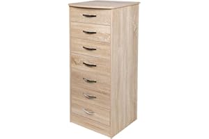 BAKAJI Mobile Cassettiera Mobiletto 7 Cassetti Settimino in Legno MDF Pomelli in Metallo Design Moderno Arredamento Casa Camera da Letto Dimensione 46 x 42 x 116 cm (Quercia)