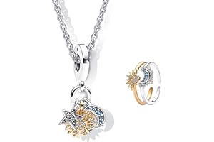 MEEQEE Parures Bague Breloque Pendentif avec Soleil et Lune Céleste, Soleil Scintillante et Bague Pendentif Lune Bleue, Cadeau Parures pour Femmes Filles
