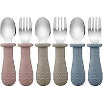 Couverts Bébé 6 Pièces - Cuillères Et Fourchettes Anti-étouffement | Acier Inoxydable Et Silicone | Dès 18 Mois | Bleu, Gris, Pêche