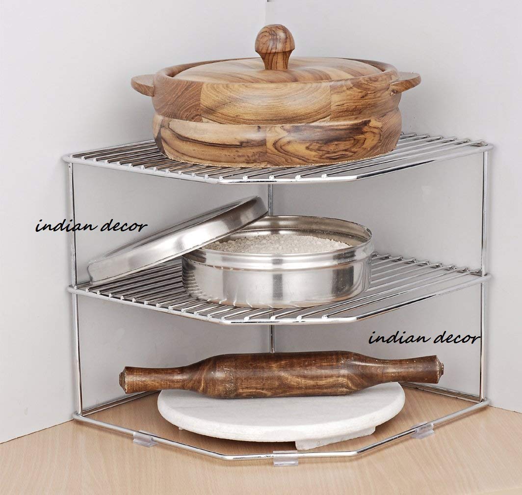 INDIAN DECOR. Metal Chrome Plated Plate Rack/Kitchen Shelf/Corner Shelf / 11X11X9.5, Silver - Image 5