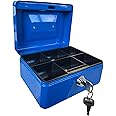 Requisite Needs Metal Money Box Tin 6" Steel Cash Safe Box Petty Cash Deposit Tin with Lock 2 Keys for Security (BLUE)