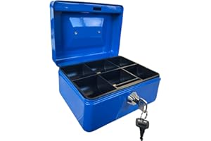 Requisite Needs Hucha de metal de acero de 6 pulgadas, caja fuerte para dinero en efectivo, caja fuerte con cerradura y 2 llaves para seguridad (azul)